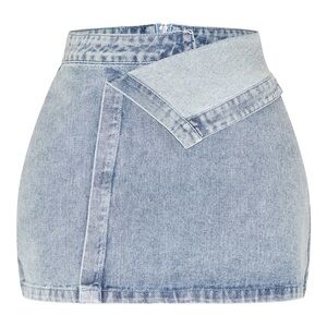 Prettylittlething | SHAPE WASHED BLUE DENIM FOLDOVER WAIST MINI SKIRT